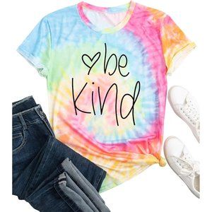Women Tie-Dye Shirt Women Be Kind Graphic Tshirts Cute Teacher Short Sleeves Top